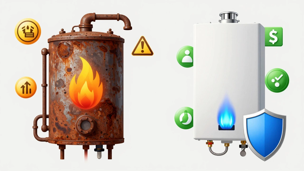 Comparison of an old rusty leaking boiler versus a new efficient modern unit