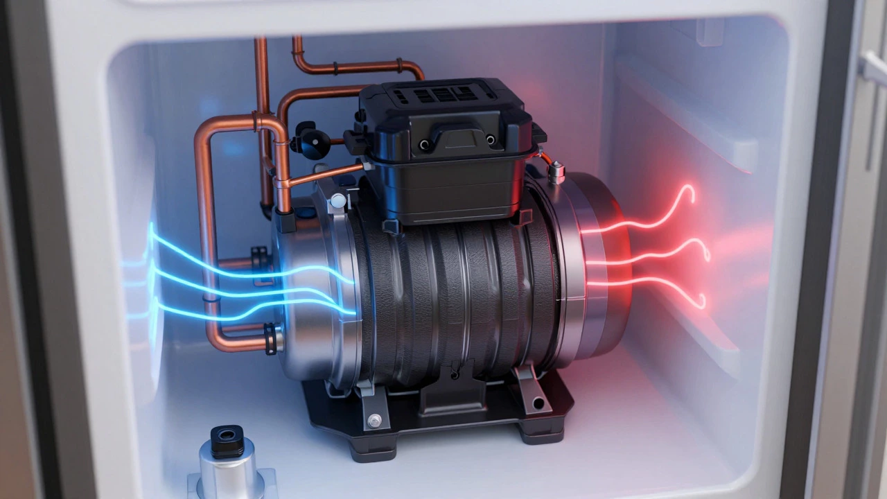 Cutaway illustration of refrigerator compressor and pipes
