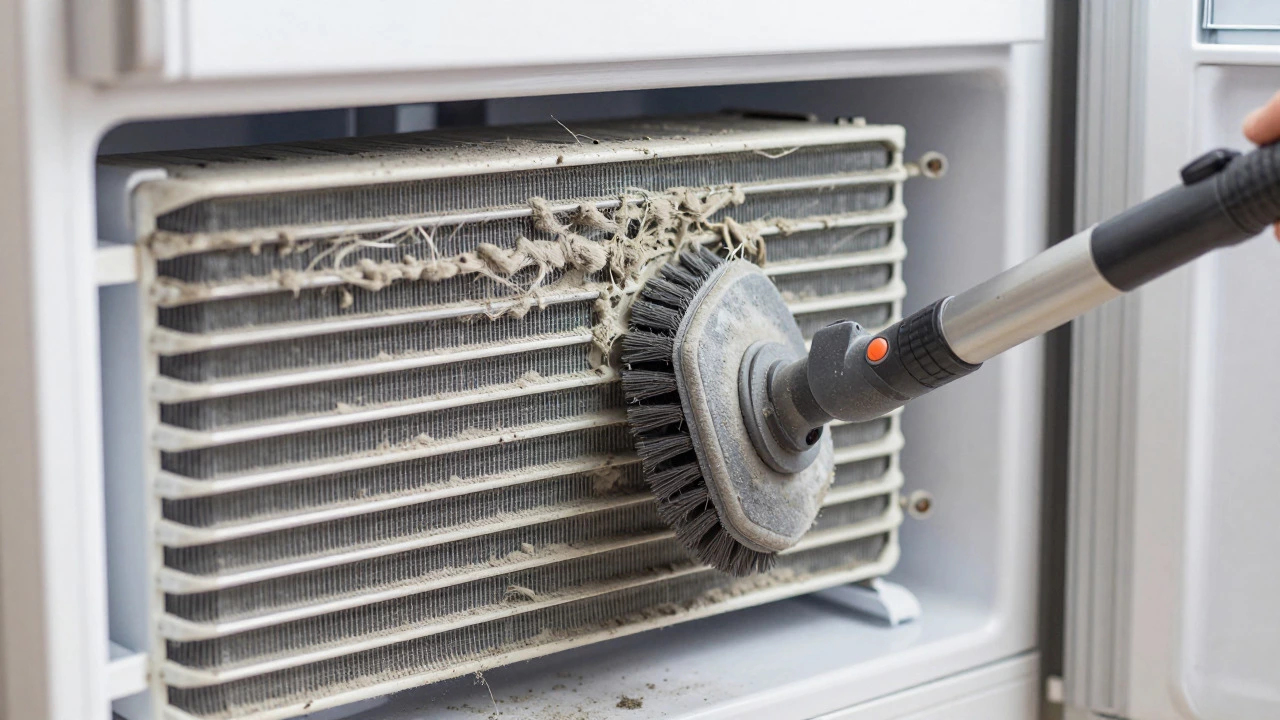 Dirty refrigerator condenser coils being cleaned with a vacuum