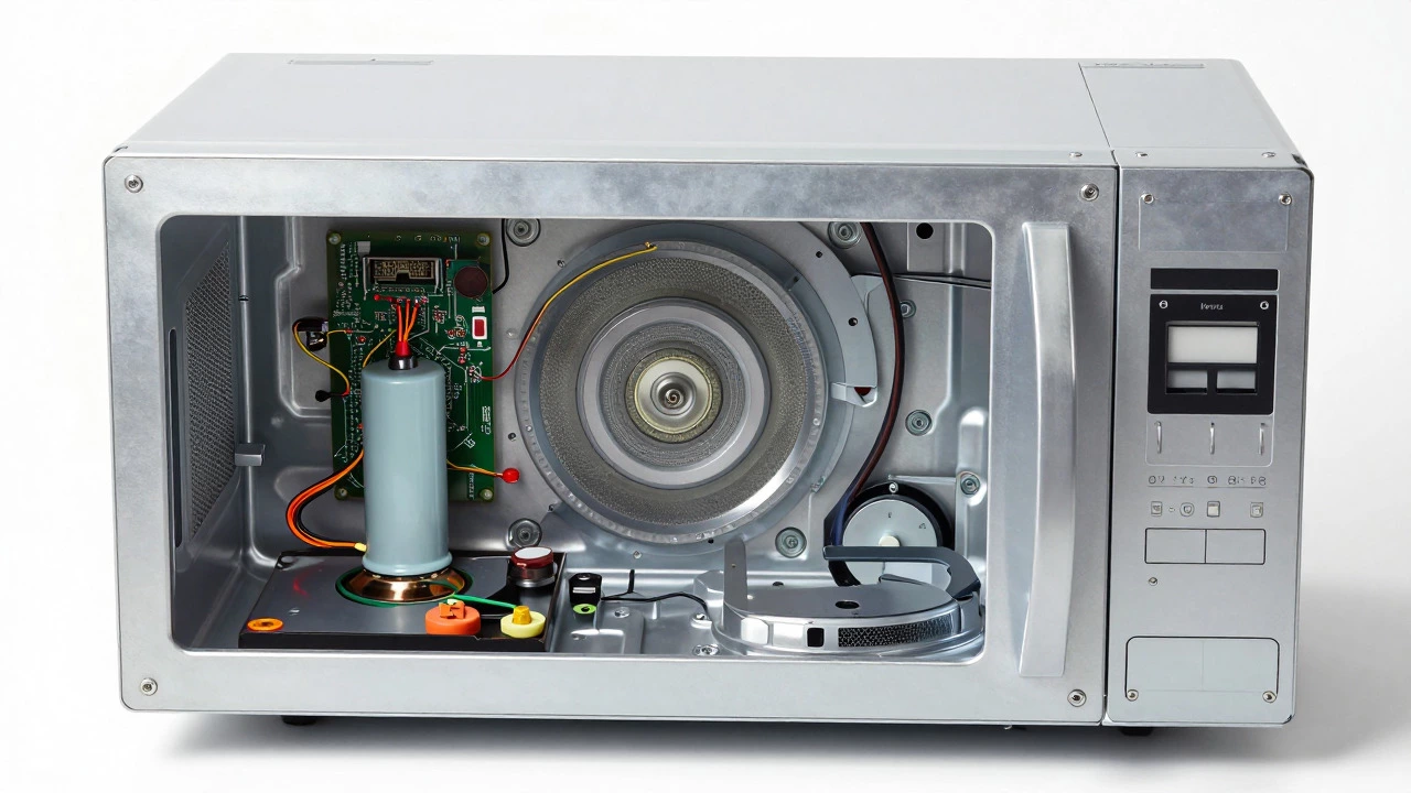 Disassembled microwave internals showing magnetron and capacitor