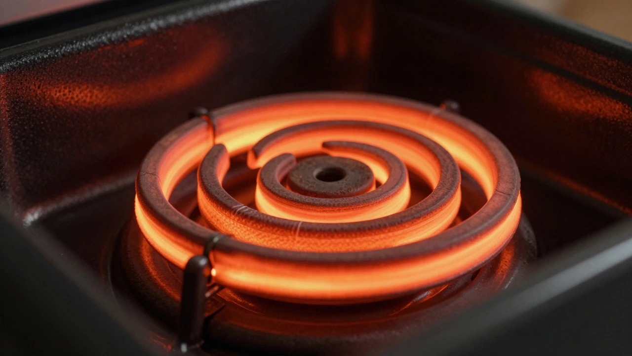 Glowing red electric heating element inside an oven showing signs of wear