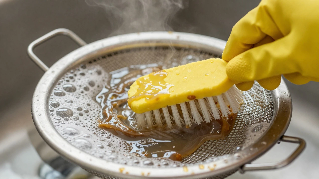 Greasy metal filter being scrubbed with toothbrush in soapy water