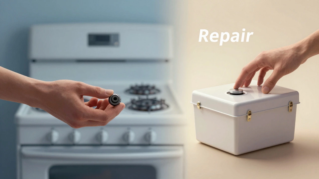 Hands choosing between a small repair part and a new stove box