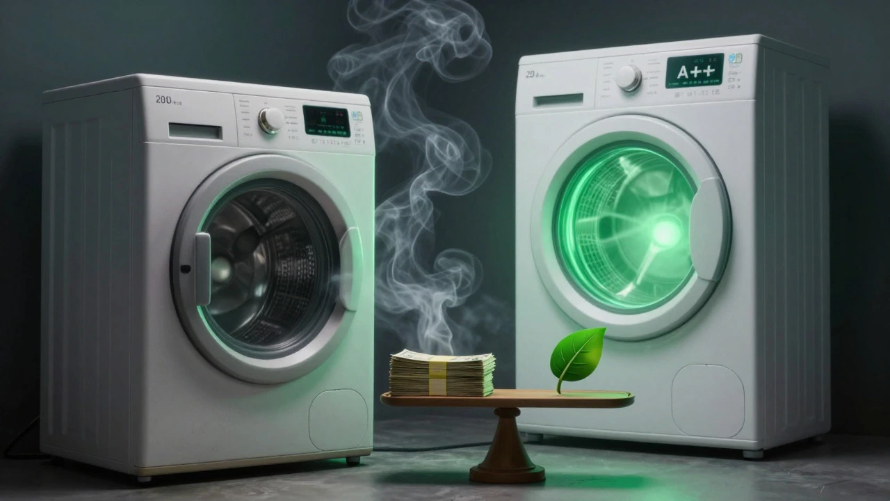 Old inefficient dryer vs new eco-friendly model showing energy savings