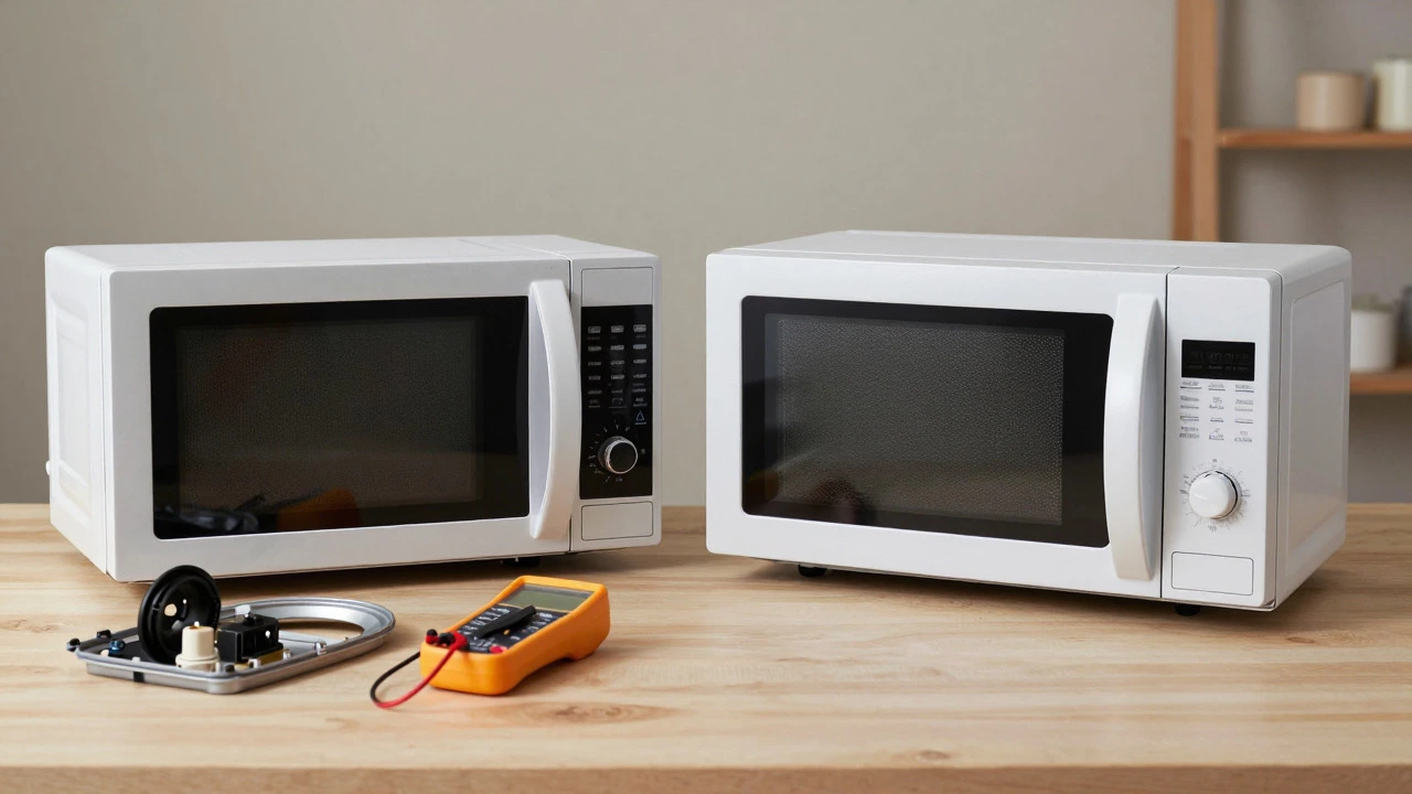Old microwave with repair parts next to new packaged unit