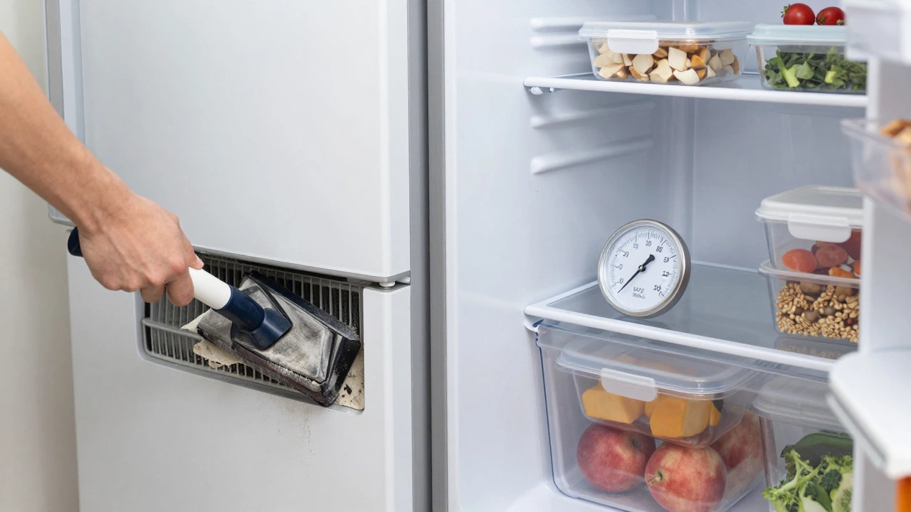 Person vacuuming dirty condenser coils next to a view of an organized freezer interior with a thermometer.
