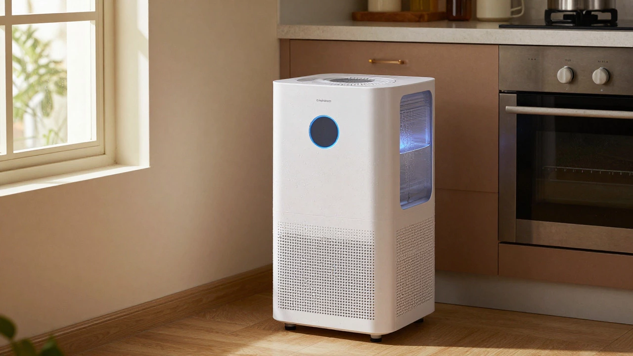 Portable dehumidifier with full water tank in a kitchen corner near an open window