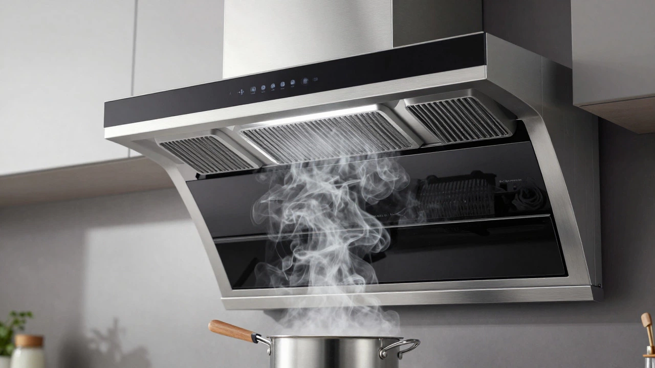 Stainless steel ductless range hood capturing smoke from a simmering pot