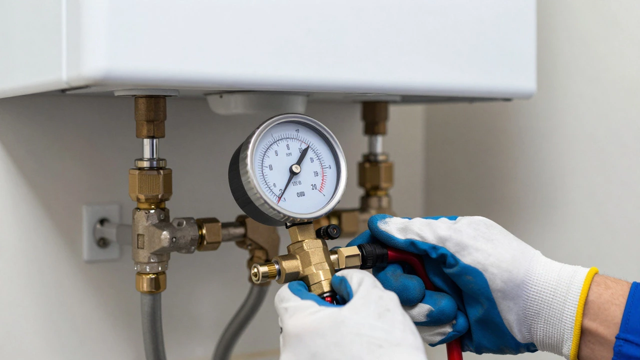 Technician checking pressure gauge on a white combi boiler in a utility closet