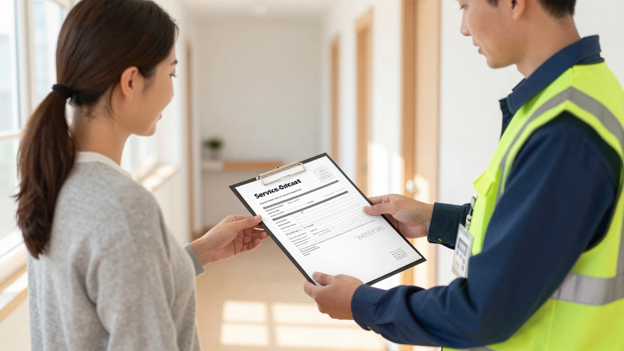 Technician handing service documents to a homeowner in a bright hallway.