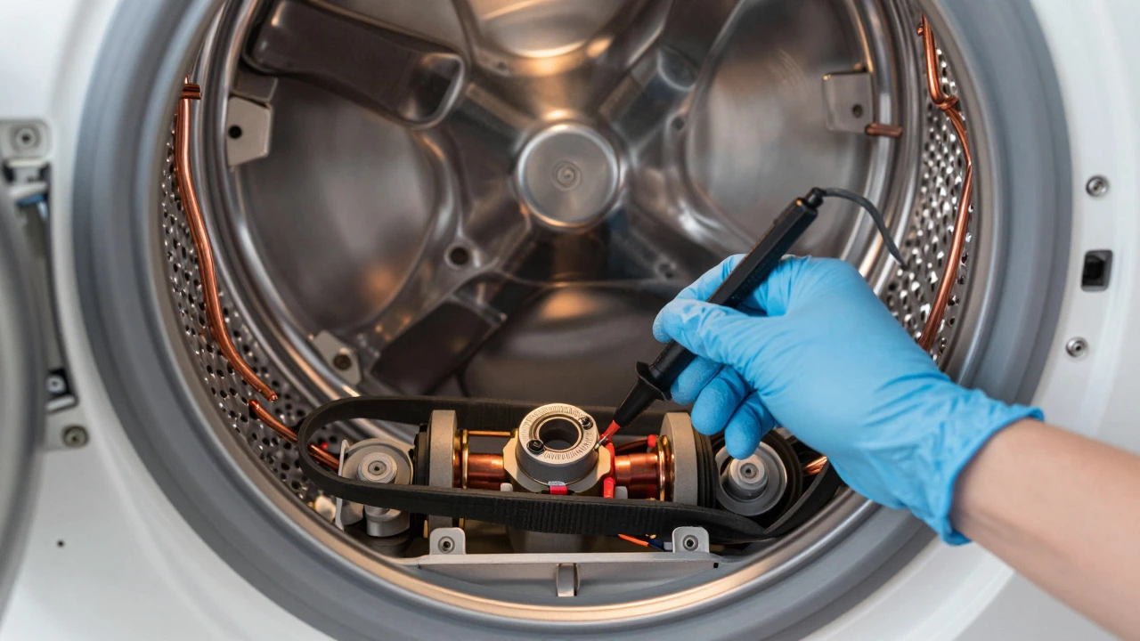 Technician using a multimeter to test a thermal fuse in a dryer