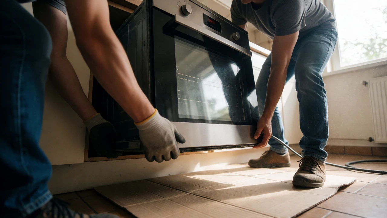 Two people sliding a built-in oven out of cabinets