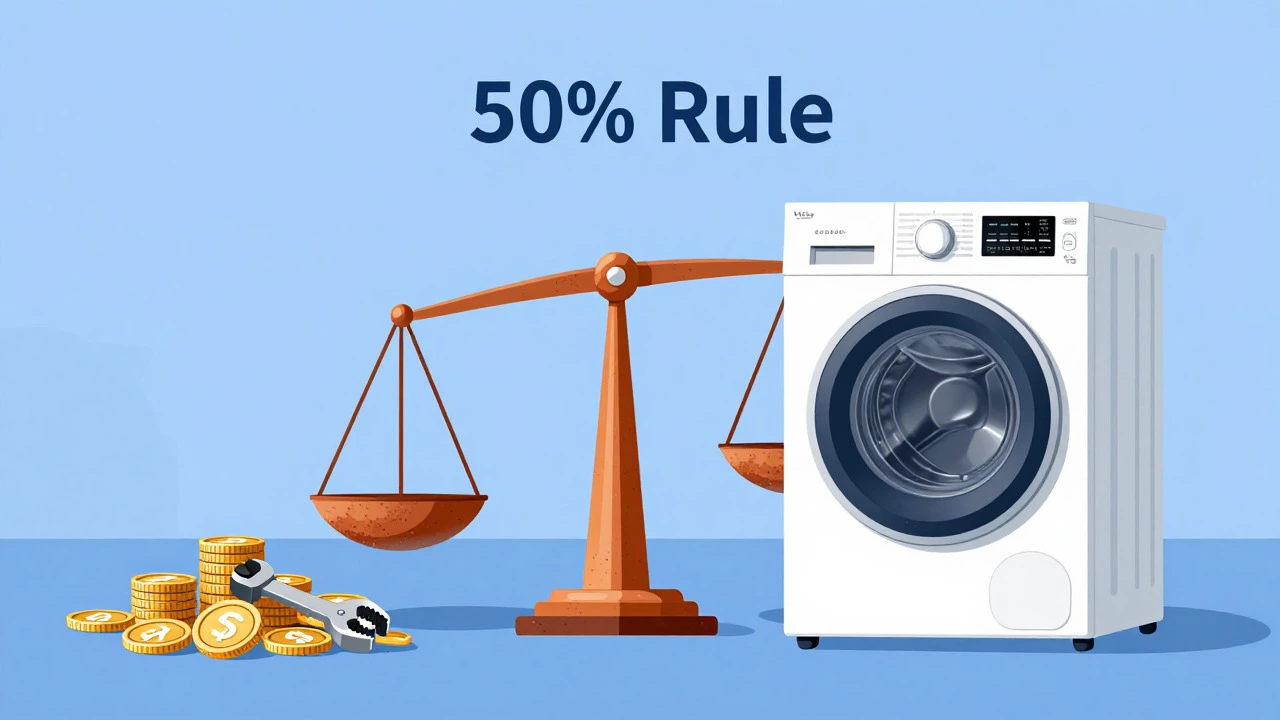 Visual metaphor balancing repair costs against buying a new dryer