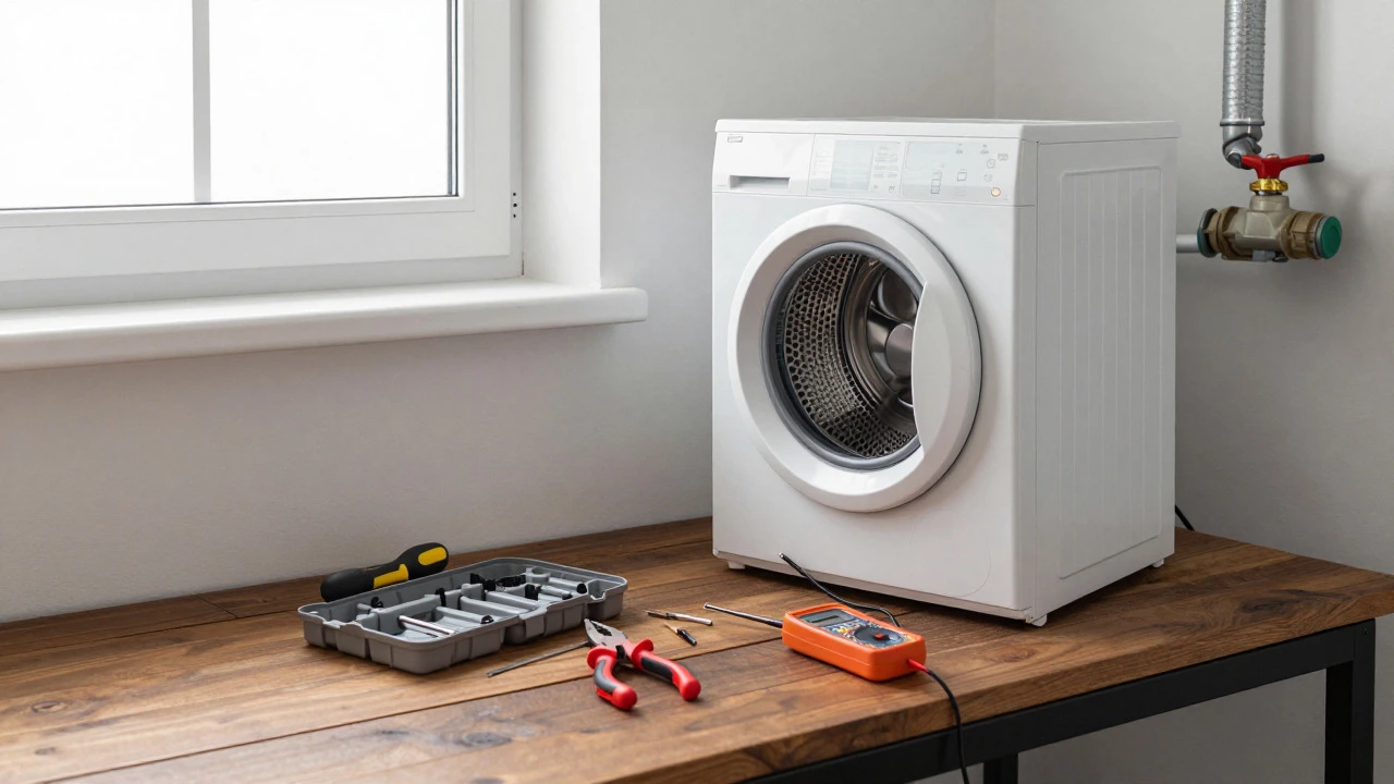 Workbench with tools and a disassembled tumble dryer ready for repair