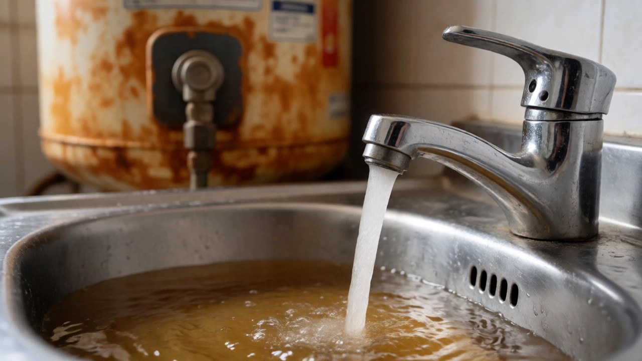 Brown discolored hot water flowing from a sink tap