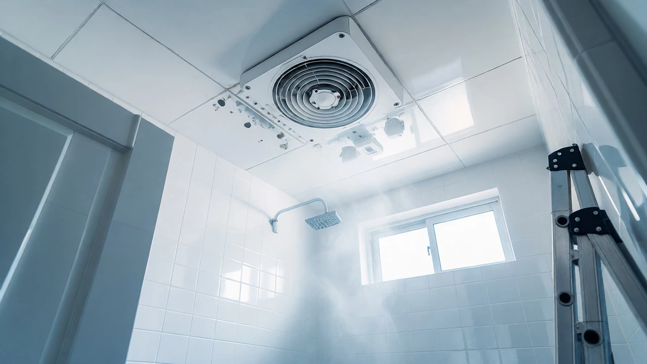 Clean, reassembled bathroom extractor fan operating efficiently in a bright, modern bathroom setting.