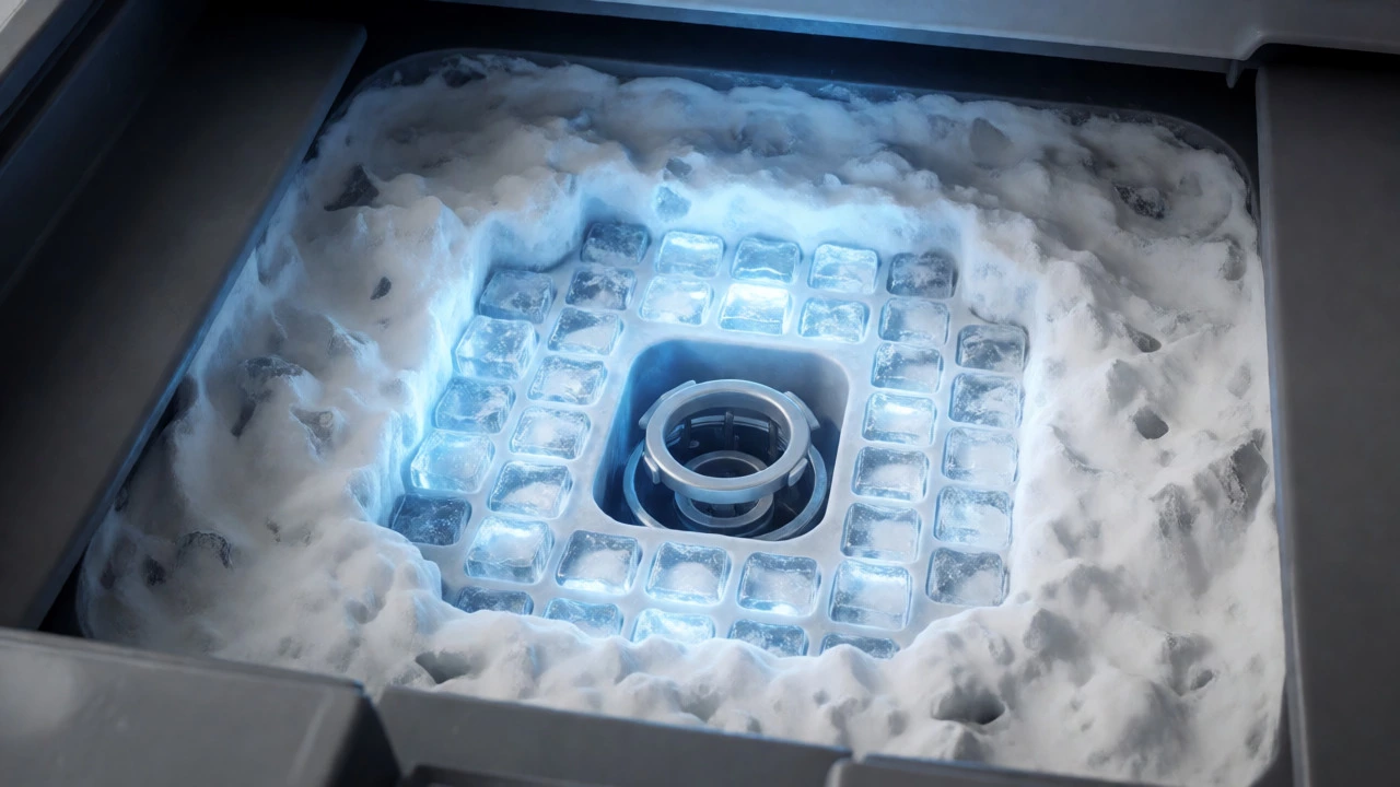 Close-up of ice molds covered in white mineral scale