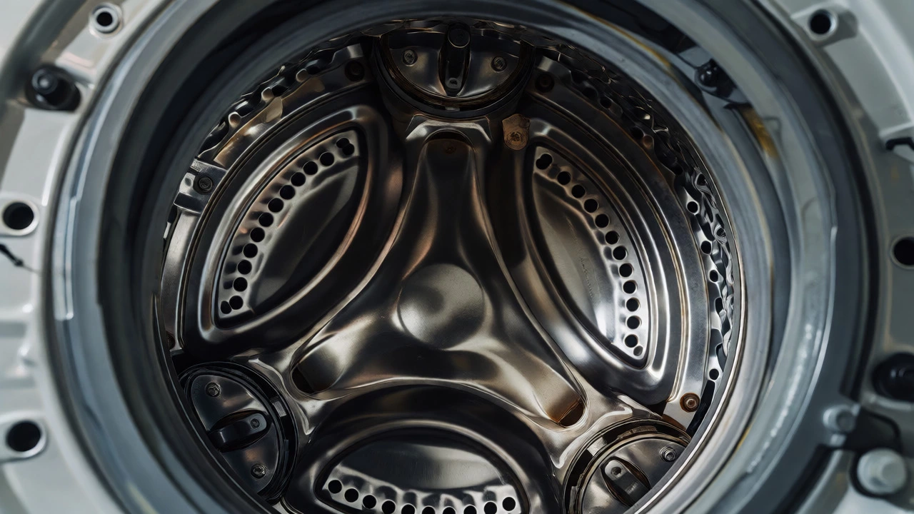 Close-up view of worn internal drum bearings and tub assembly inside a washing machine