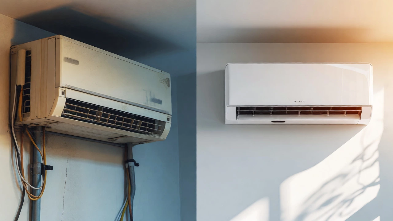 Comparison between an old dusty heat pump and a sleek modern unit