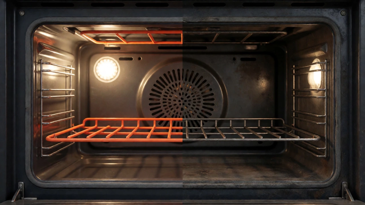 Comparison of clean maintained oven versus dirty neglected oven interior