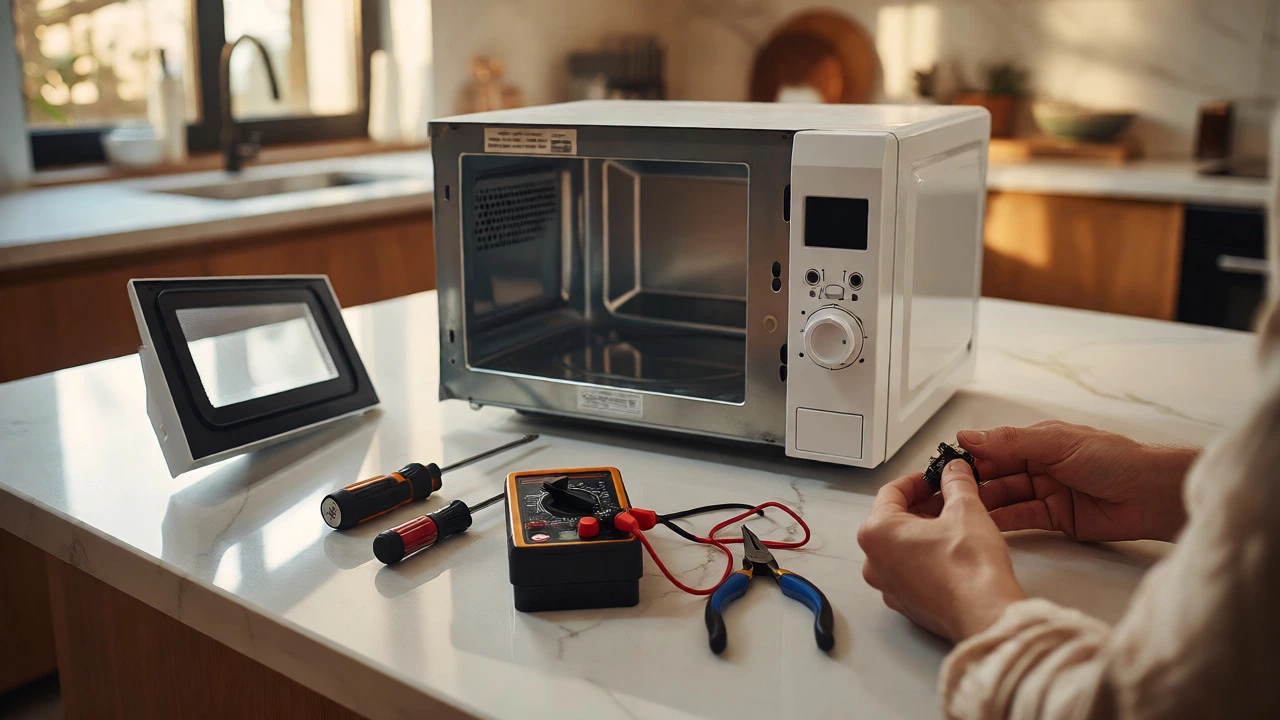 Disassembled microwave on a counter with screwdrivers, multimeter, and pliers nearby.
