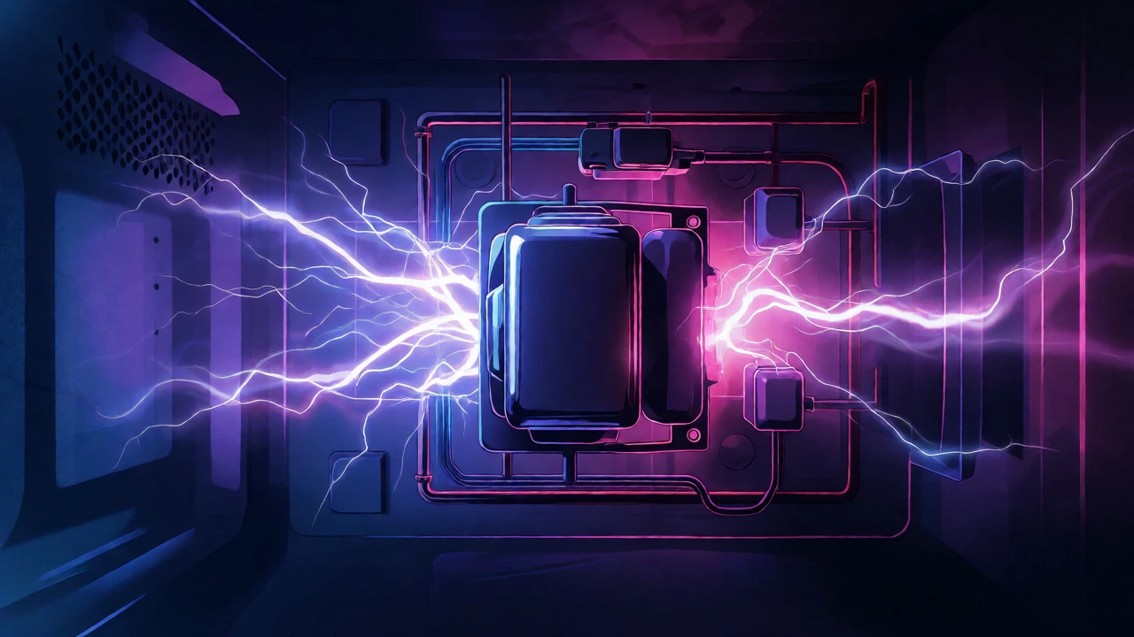Glowing electrical arcs illustrating high voltage inside a microwave magnetron circuit.