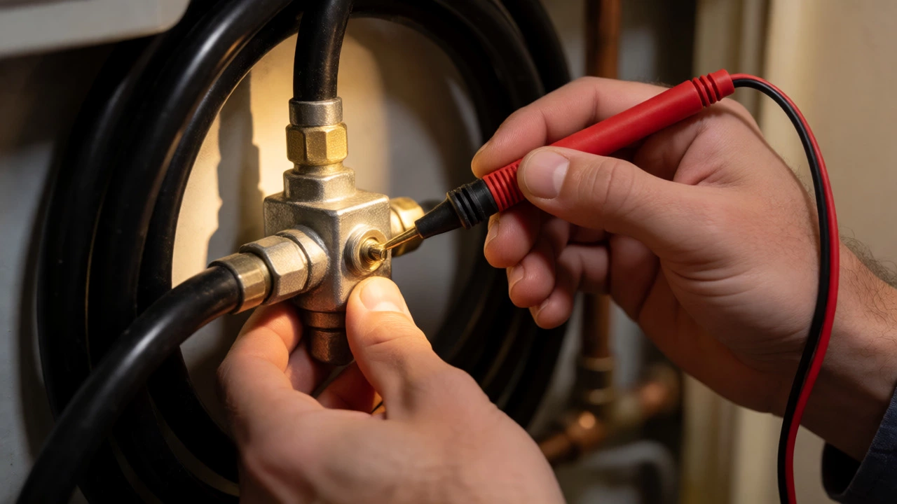 Hands testing a fridge water valve with a multimeter