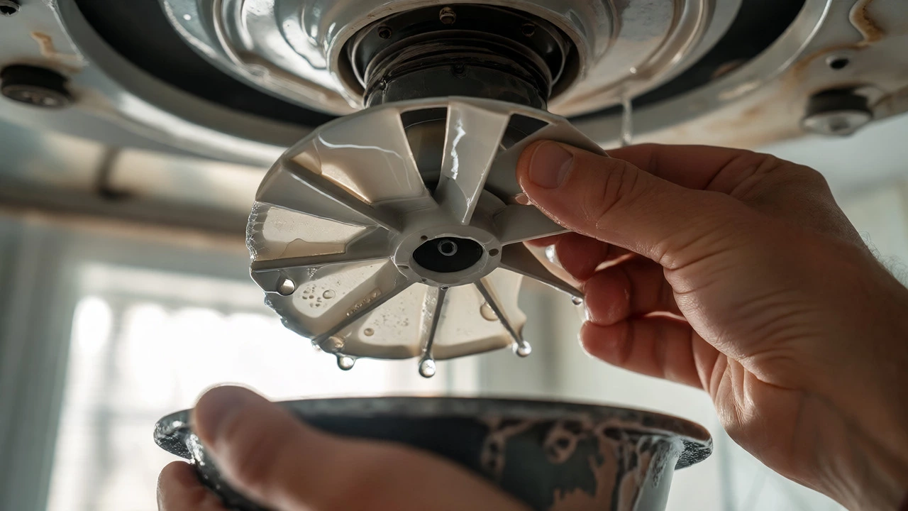 Hands washing a removed extractor fan impeller in soapy water to remove sticky grime and dust buildup.