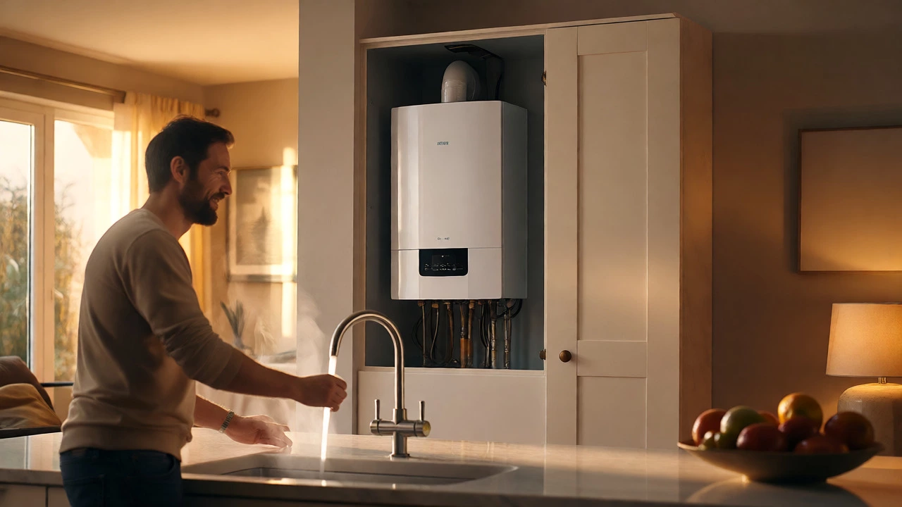 Homeowner enjoying hot water from a newly installed clean boiler