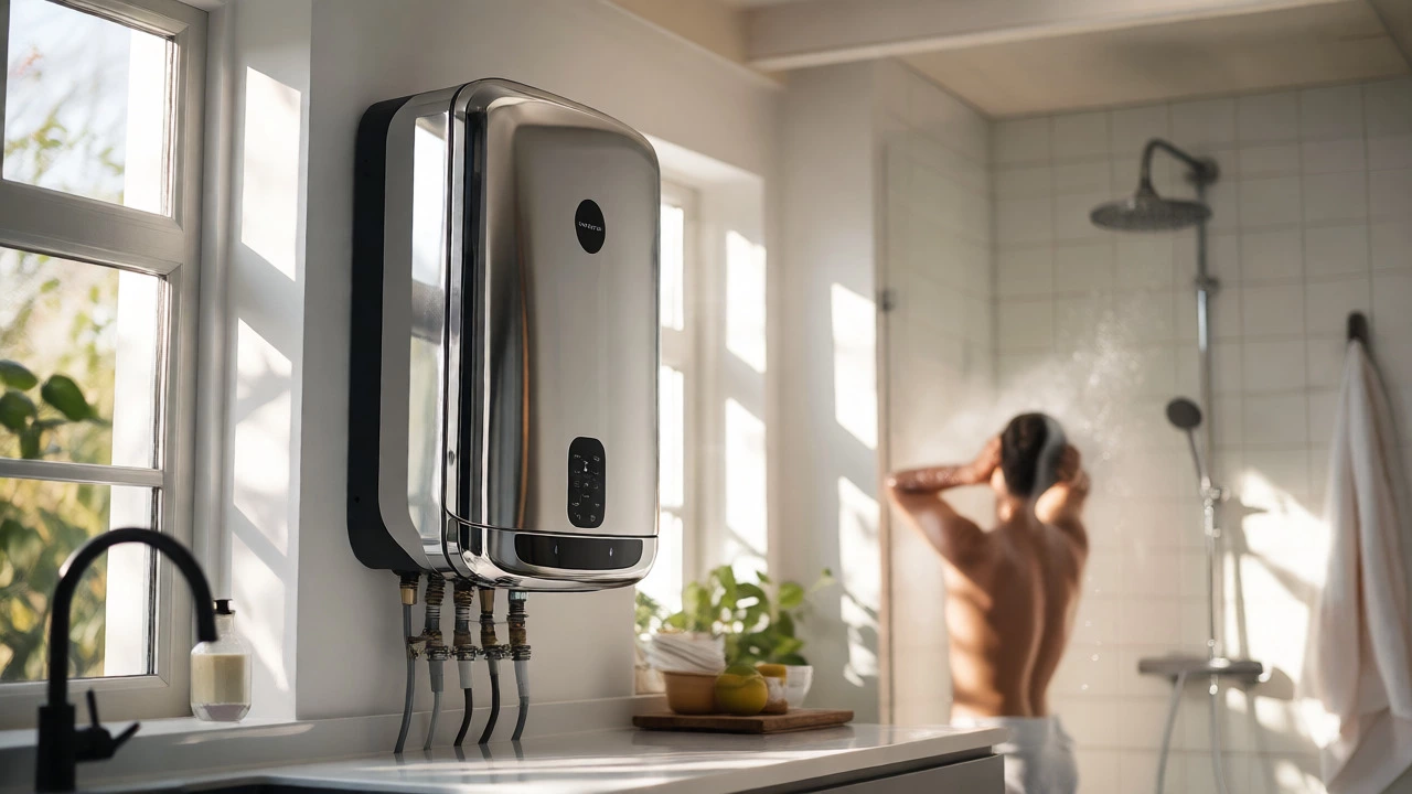 Modern wall-mounted tankless water heater in a bright, sunlit utility room.