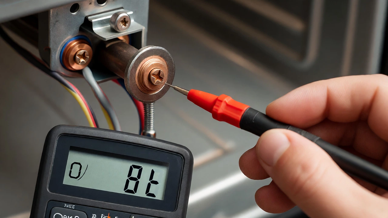 Multimeter testing continuity on oven element terminals