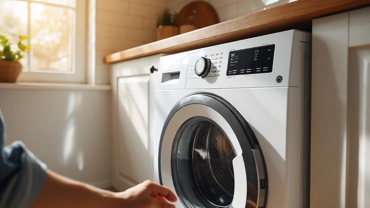 New white washing machine installed under a kitchen counter in bright sunlight