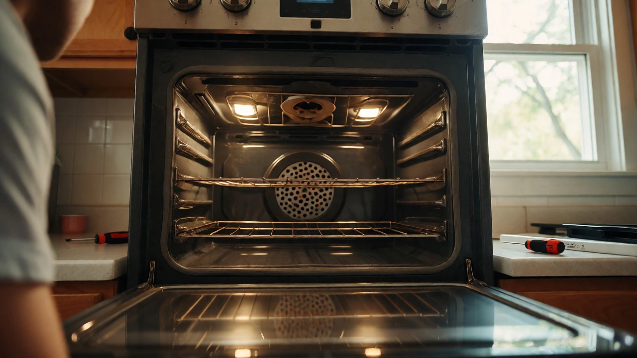 Person inspecting open electric oven with top and bottom elements