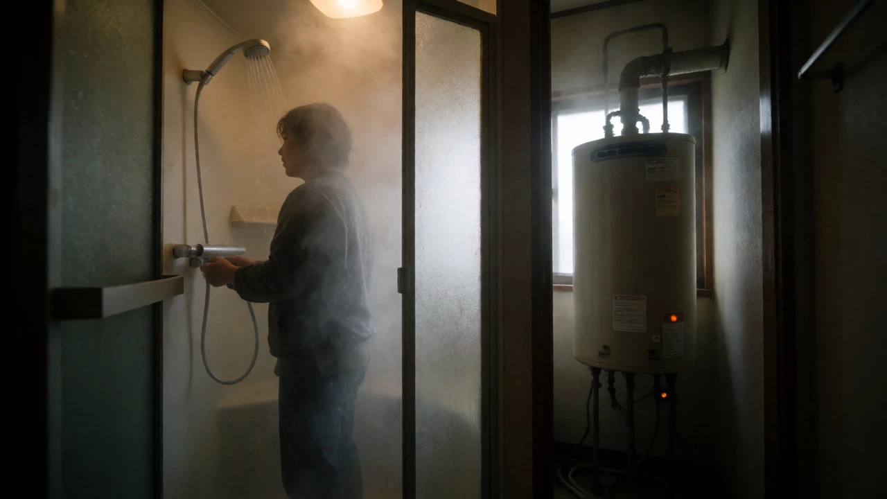 Person shivering in a shower due to inconsistent water temperature