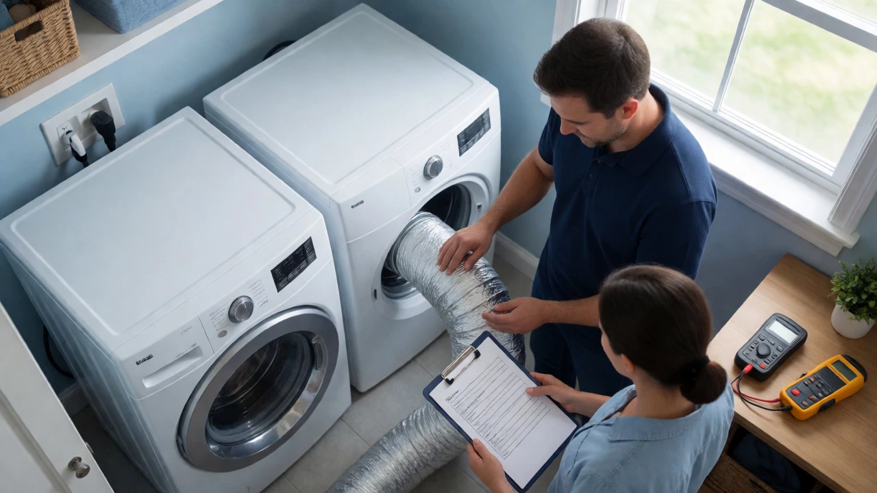 Professional inspecting dryer vent in a bright, tidy laundry room