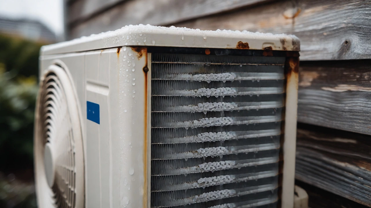 Rusty outdoor heat pump unit with ice buildup in a coastal winter setting
