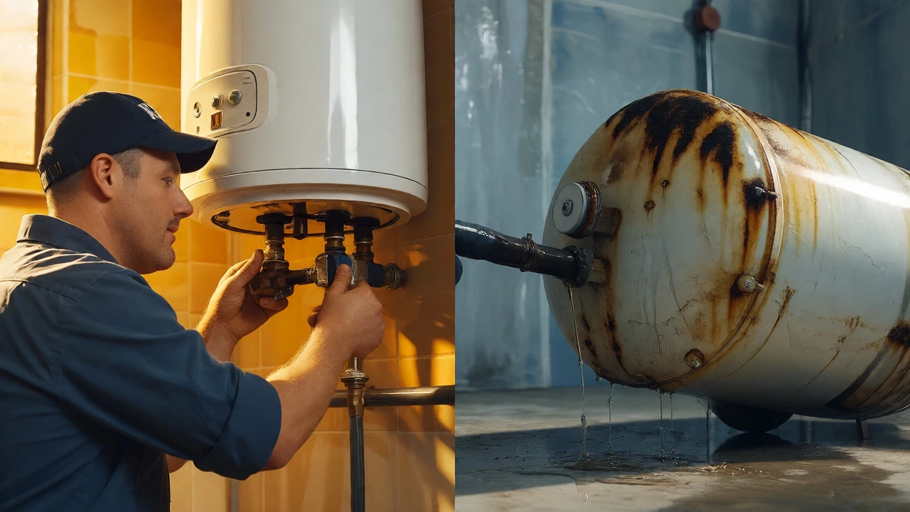 Split view comparing repairing a clean new heater versus replacing a corroded leaking old tank.