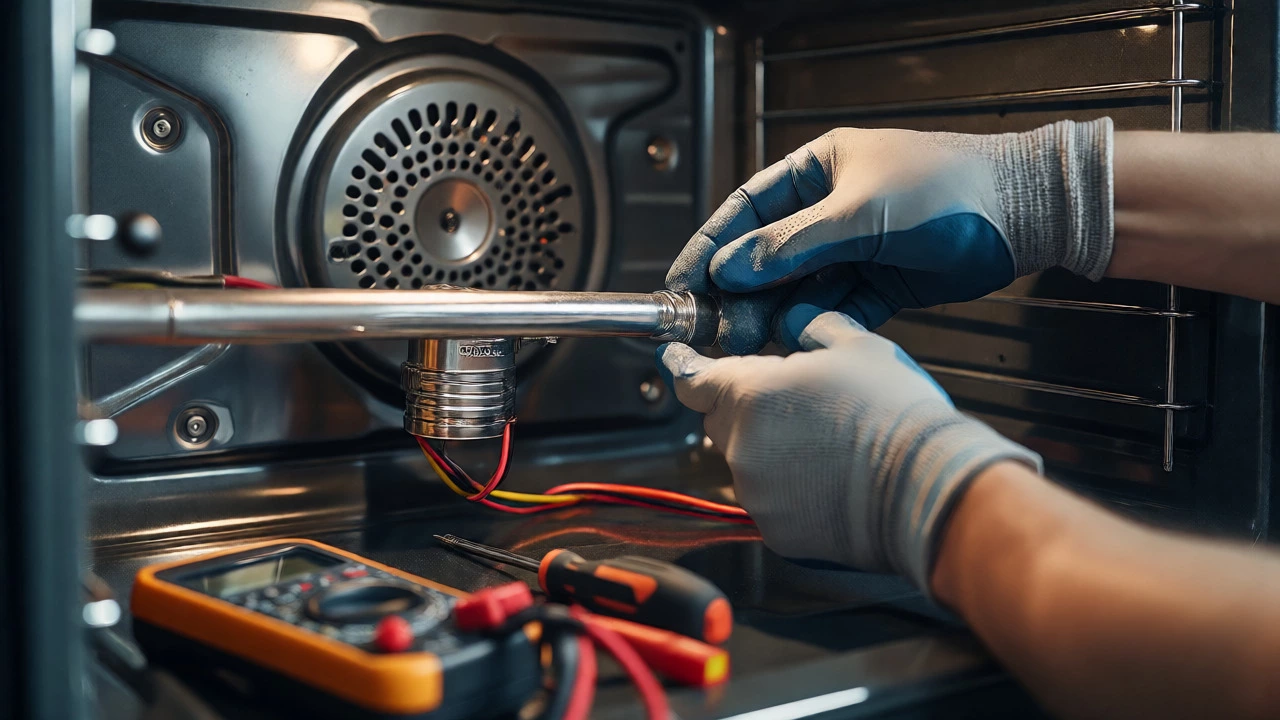 Technician's hands repairing internal electrical components of an oven.