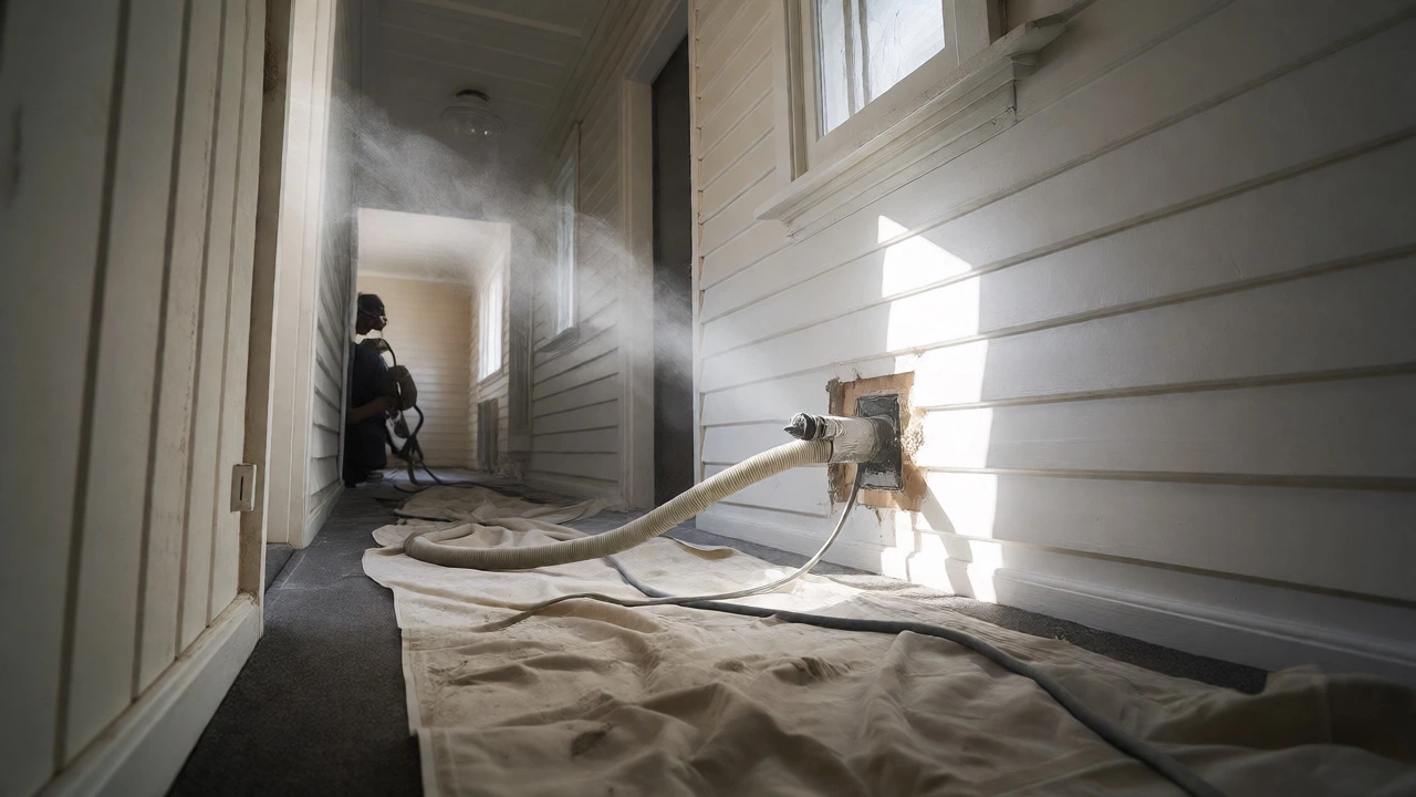 Technician drilling a flue hole with dust extraction in a dusty hallway