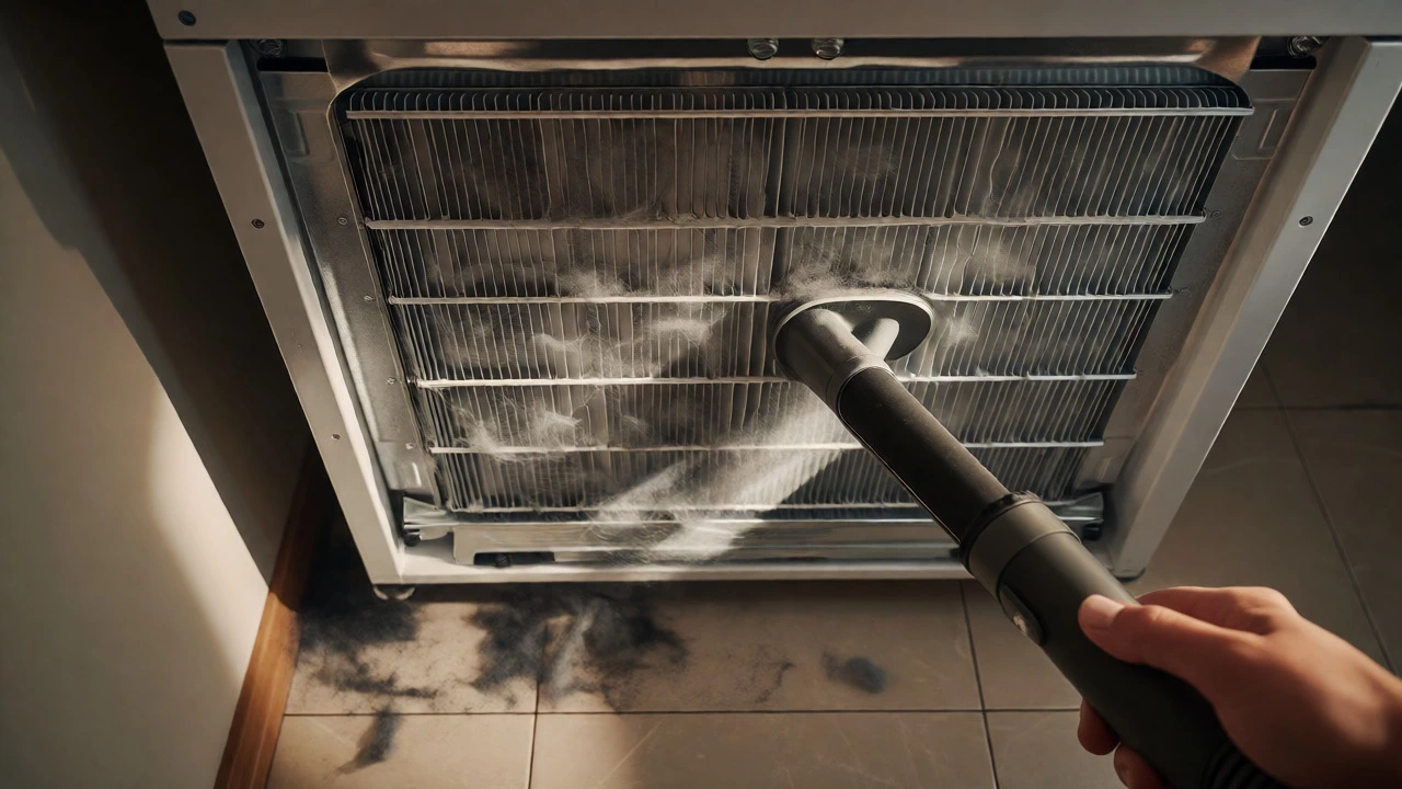 Vacuuming dust off refrigerator condenser coils