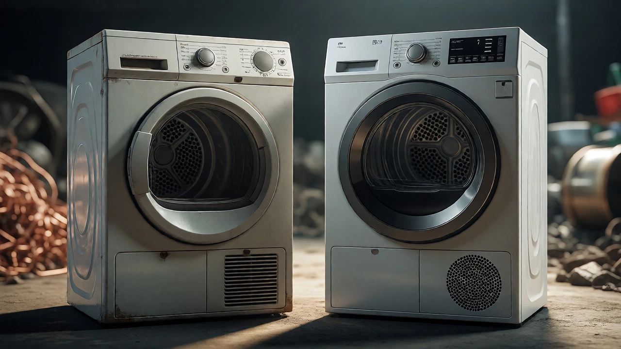 An old weathered tumble dryer beside a new model in a recycling facility.