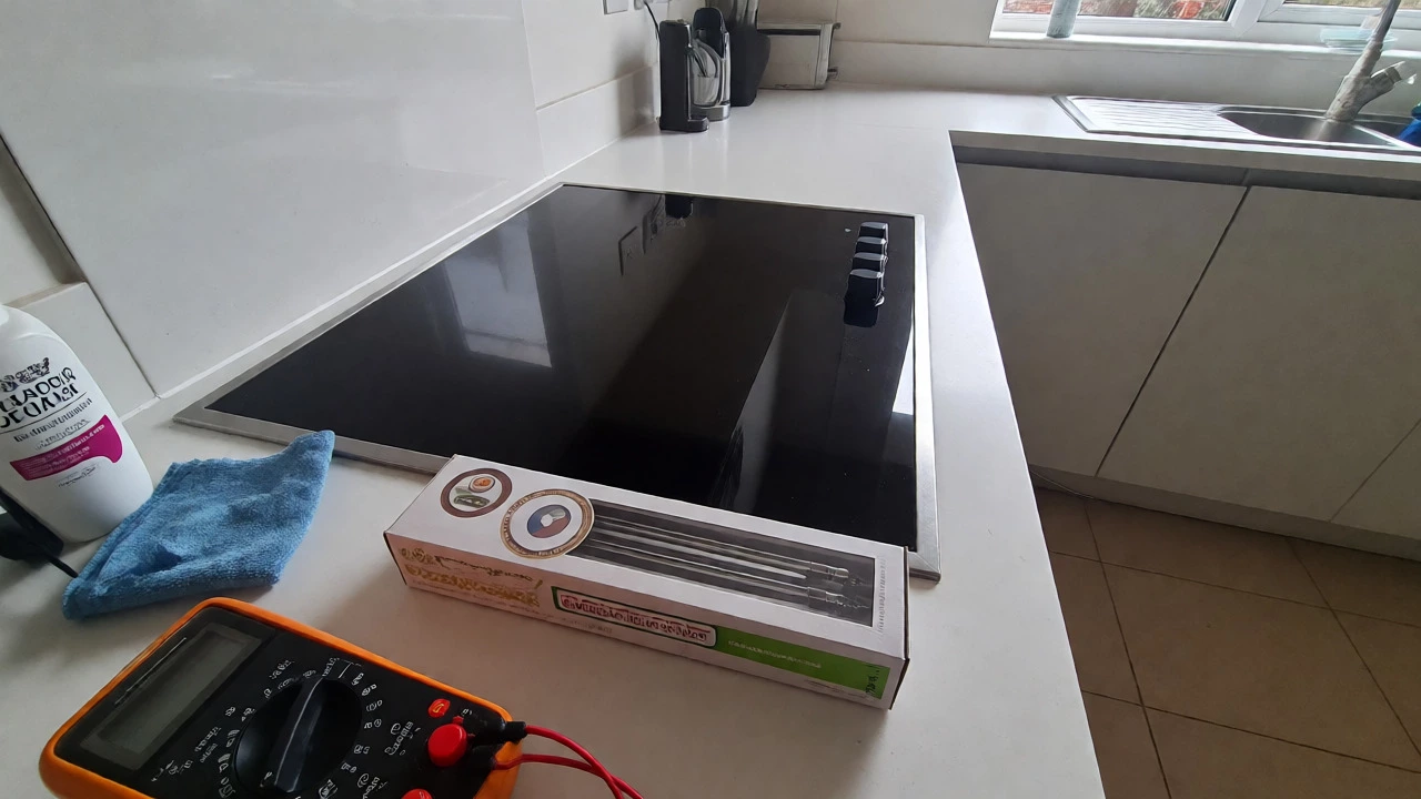 Clean modern kitchen with electric hob, multimeter, and replacement parts on the counter.