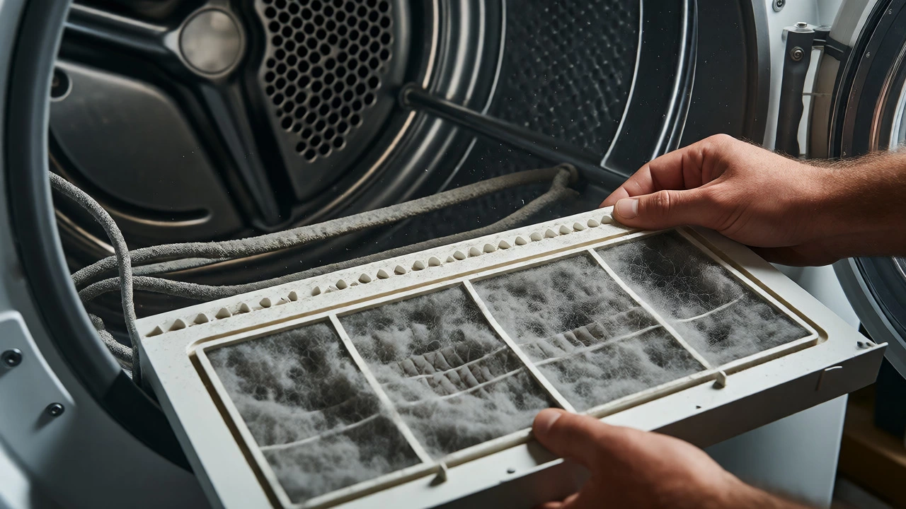 Close-up of a technician cleaning a lint filter and inspecting dryer internals.