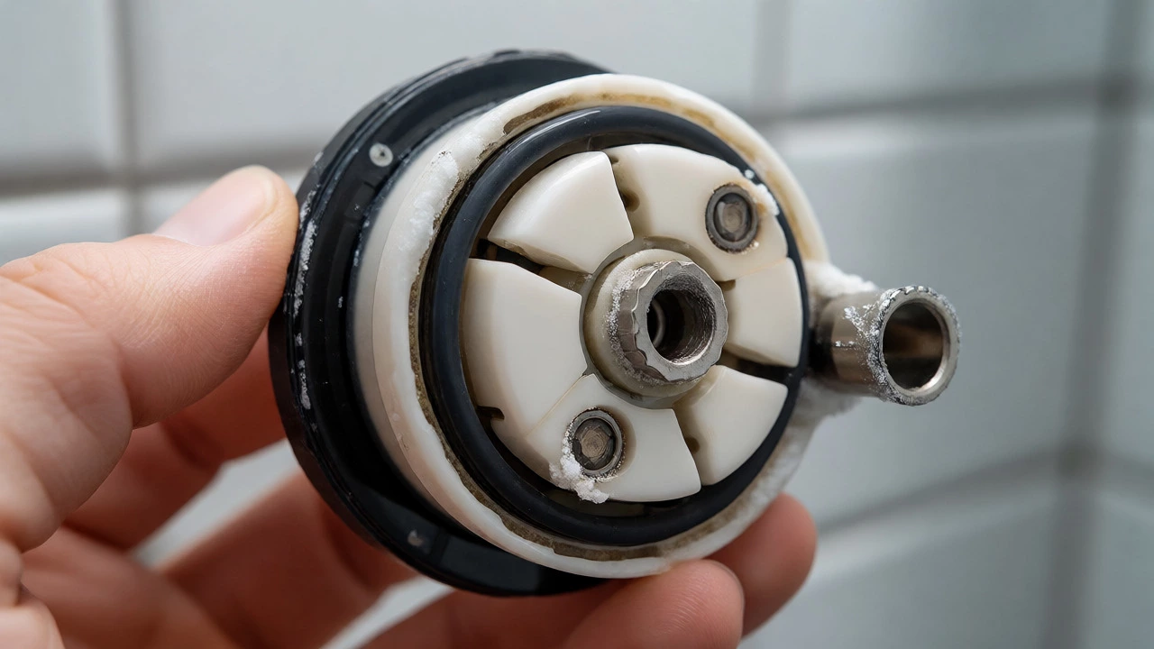 Close-up of a worn shower mixing valve cartridge covered in white limescale buildup.