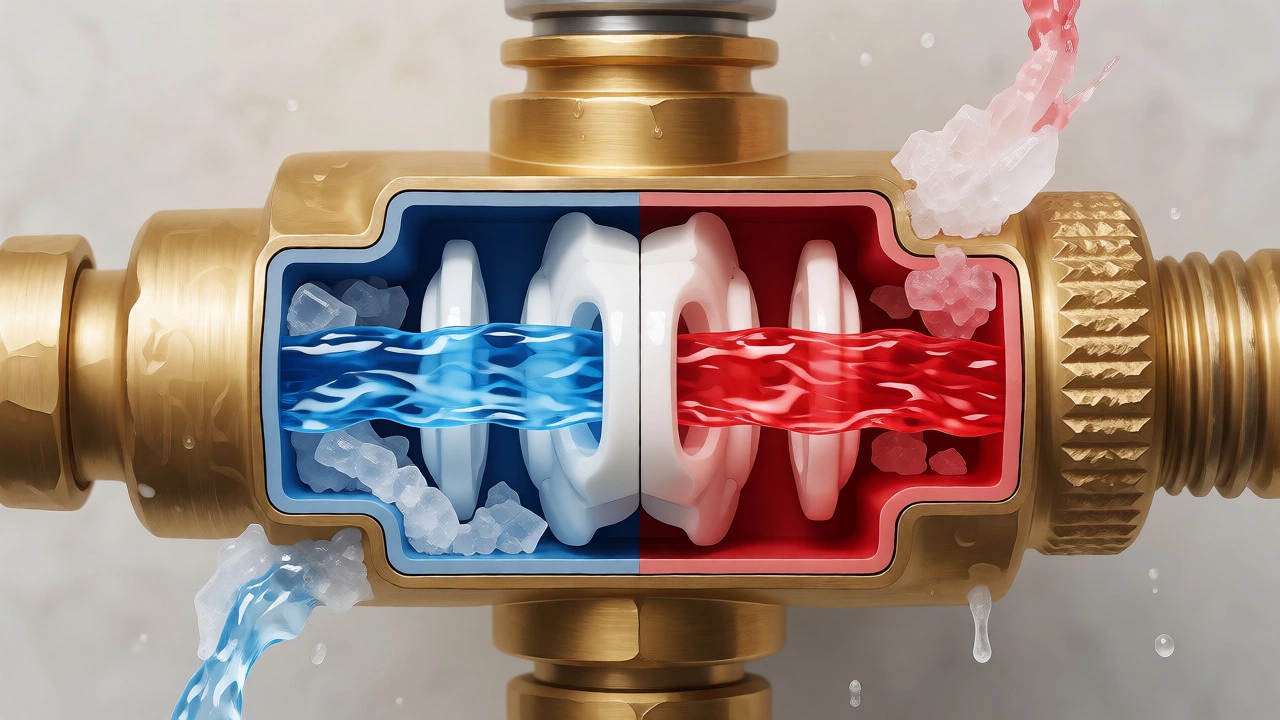 Cross-section of a shower mixing valve with scale buildup
