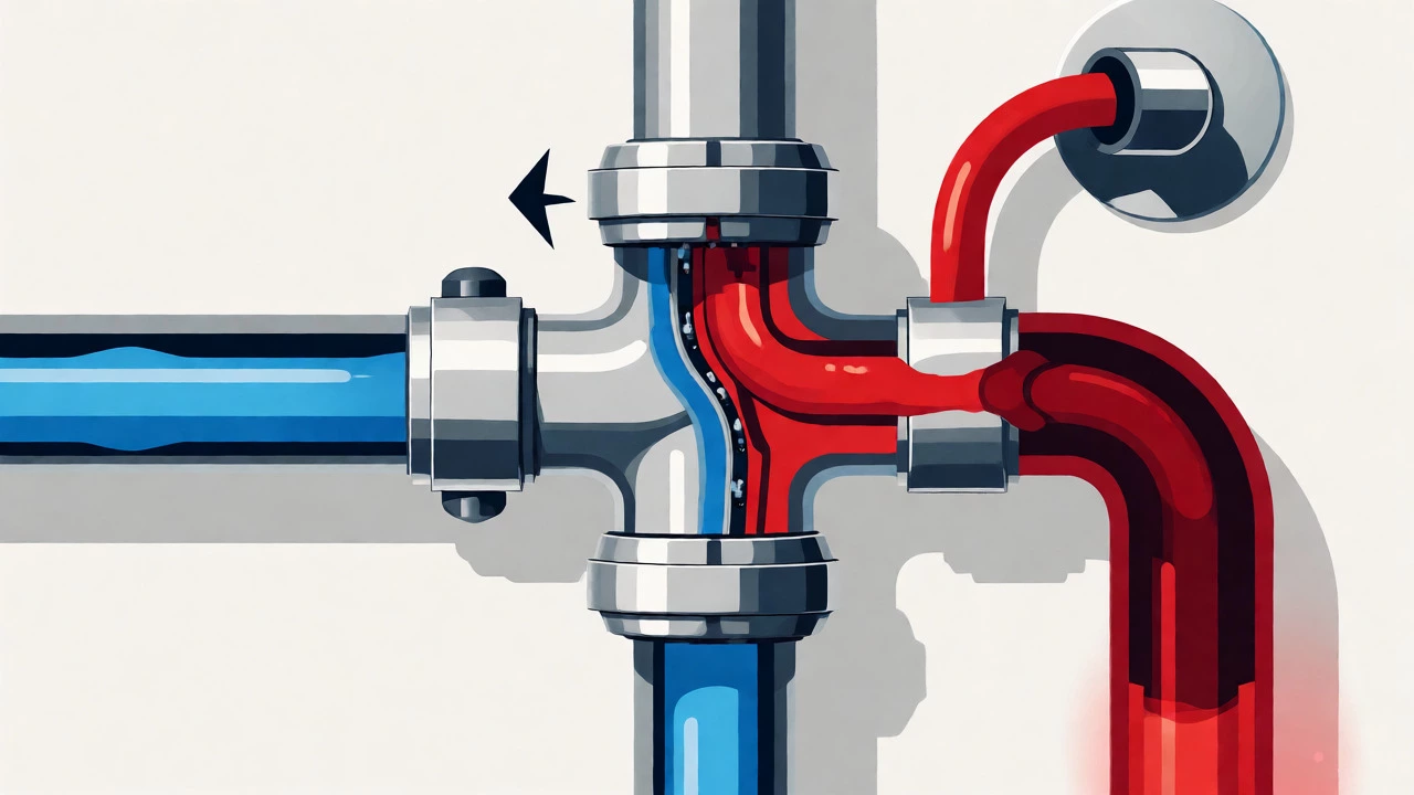 Diagrammatic view of a jammed diverter valve blocking hot water from reaching the shower.