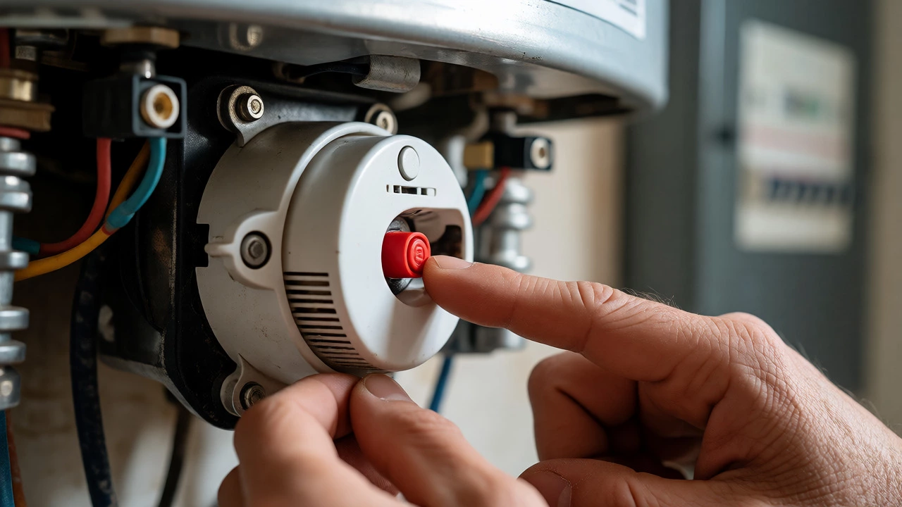Hand resetting the red safety button on an electric water heater