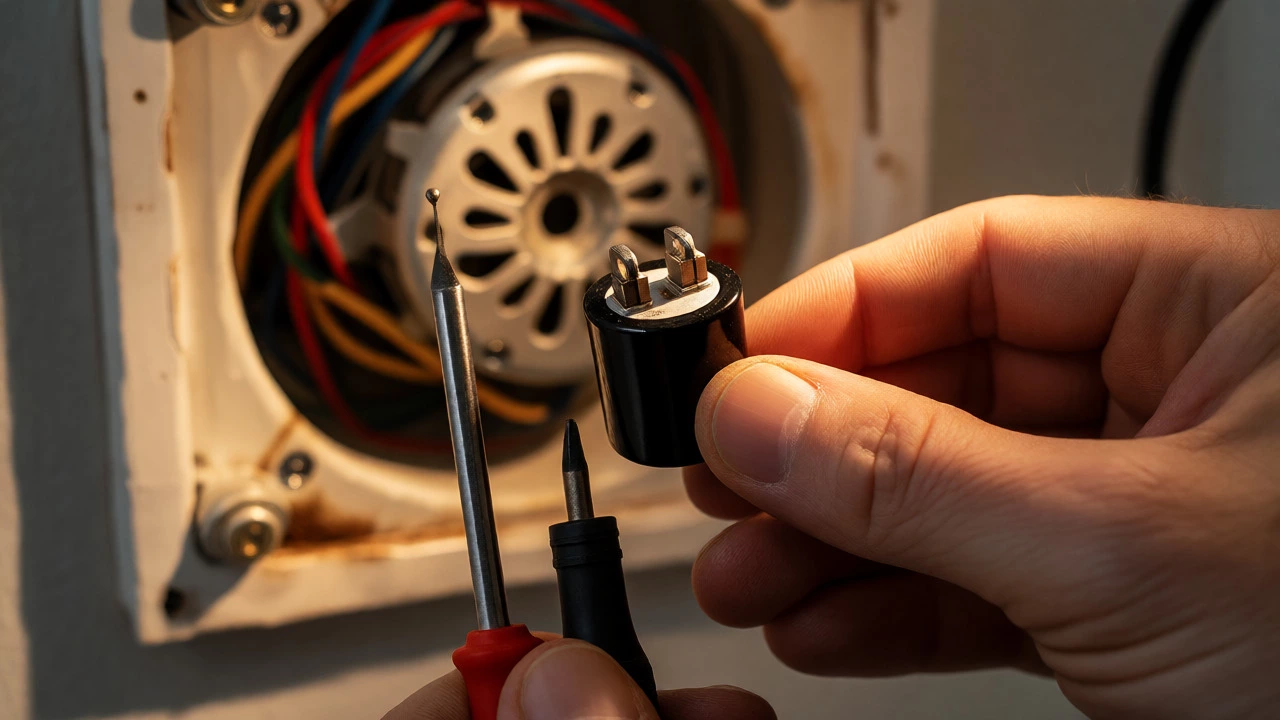 Hands holding a start capacitor near an open fan motor assembly