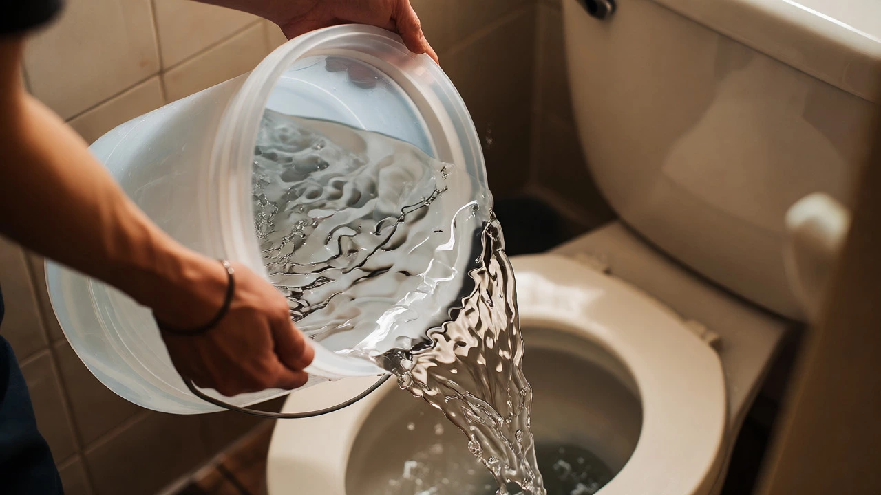Hands pouring water from a bucket into a toilet bowl for manual flushing