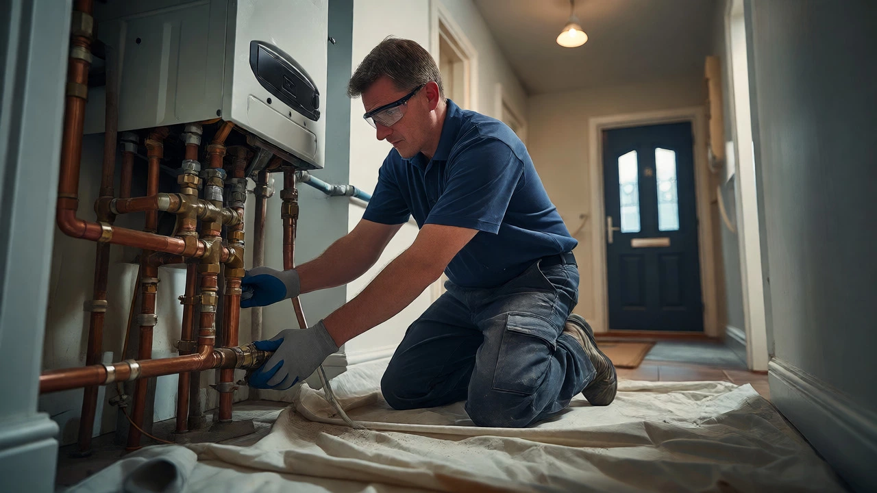 Heating engineer disconnecting pipes from a boiler on a protected floor